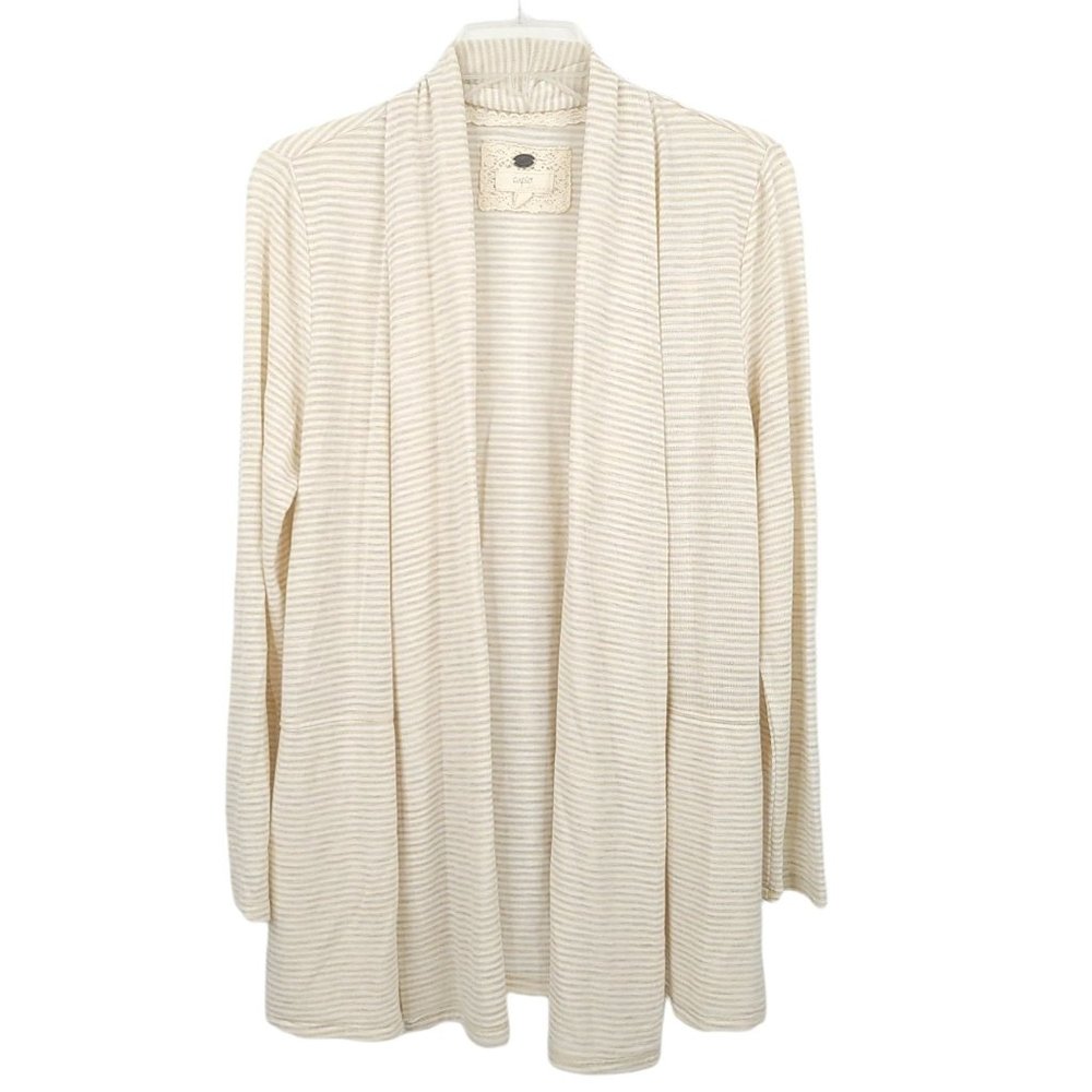 Cupio Open Front Cardigan Sweater Size M Slash Pockets Beige Brown Stripe